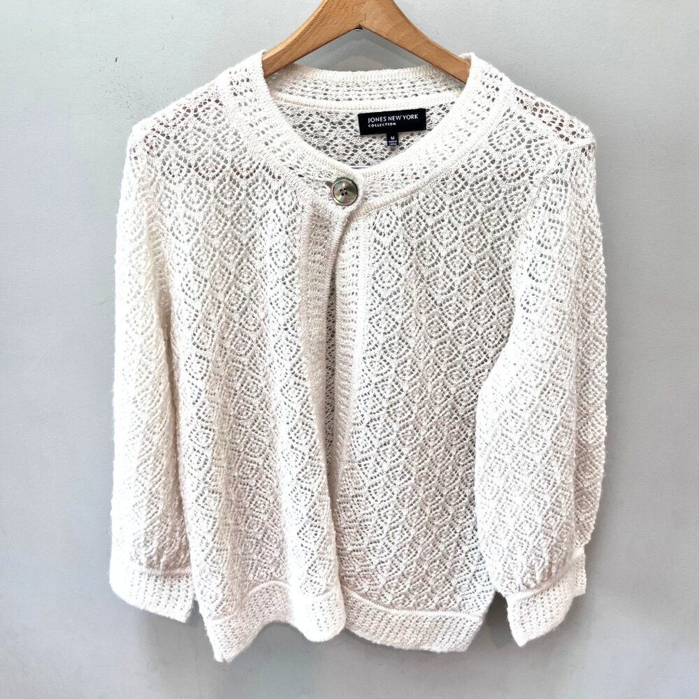 Jones New‎ York Womens Ivory Knitted Lace Mohair and Wool Cardigan Sweater M